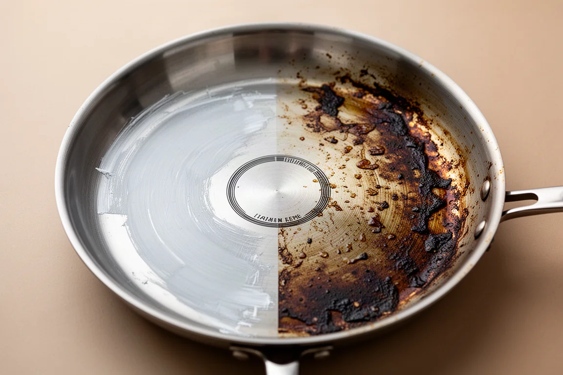 Fundo de uma panela de aço com placa de indução escura, metade limpa e metade ainda descolorida