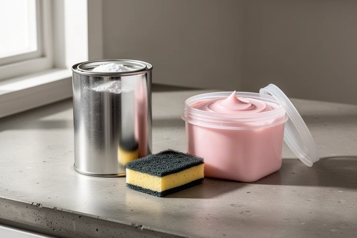 A canister of cleaning powder and a tub of pink cleaning paste on a kitchen counter with a scrub sponge