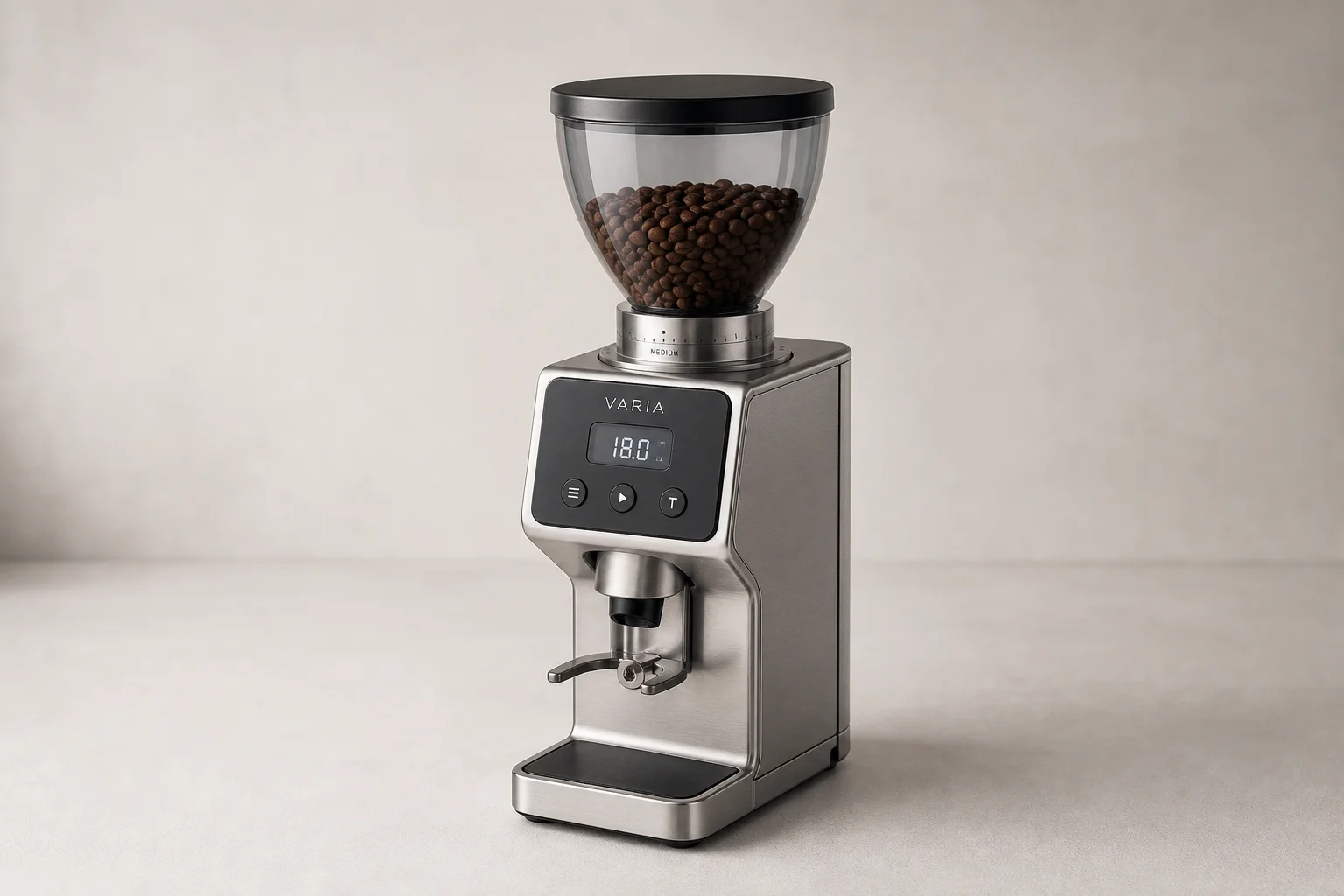 MiiCoffee DF54 espresso grinder with black body and glass dial on neutral backdrop