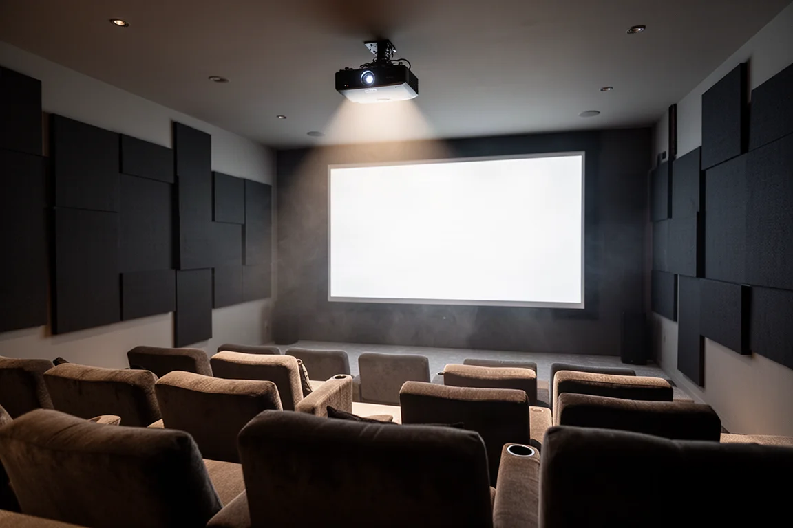 Salle de home cinéma dédiée faiblement éclairée avec sièges en gradins et grand écran lumineux