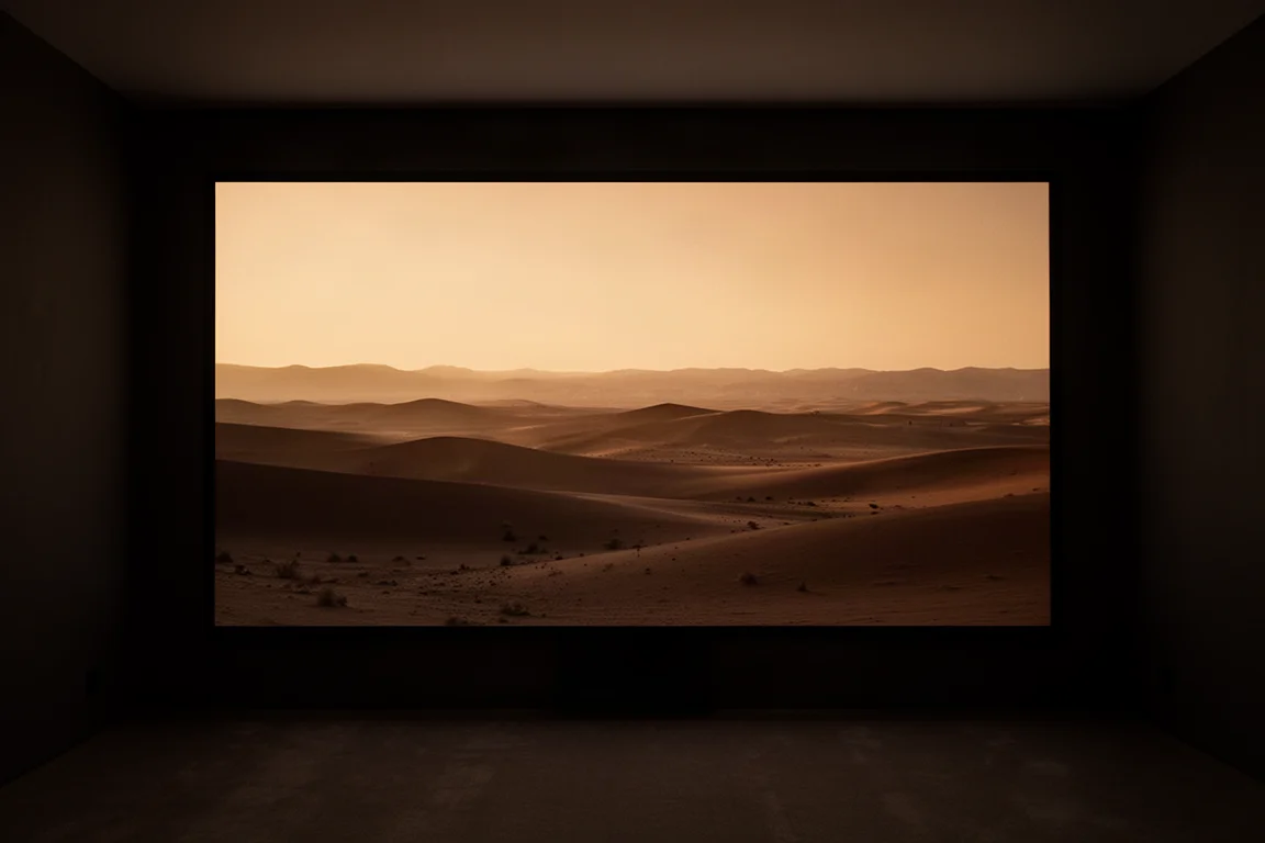 Écran de home cinéma très large au format 2.4 montrant un horizon désertique abstrait