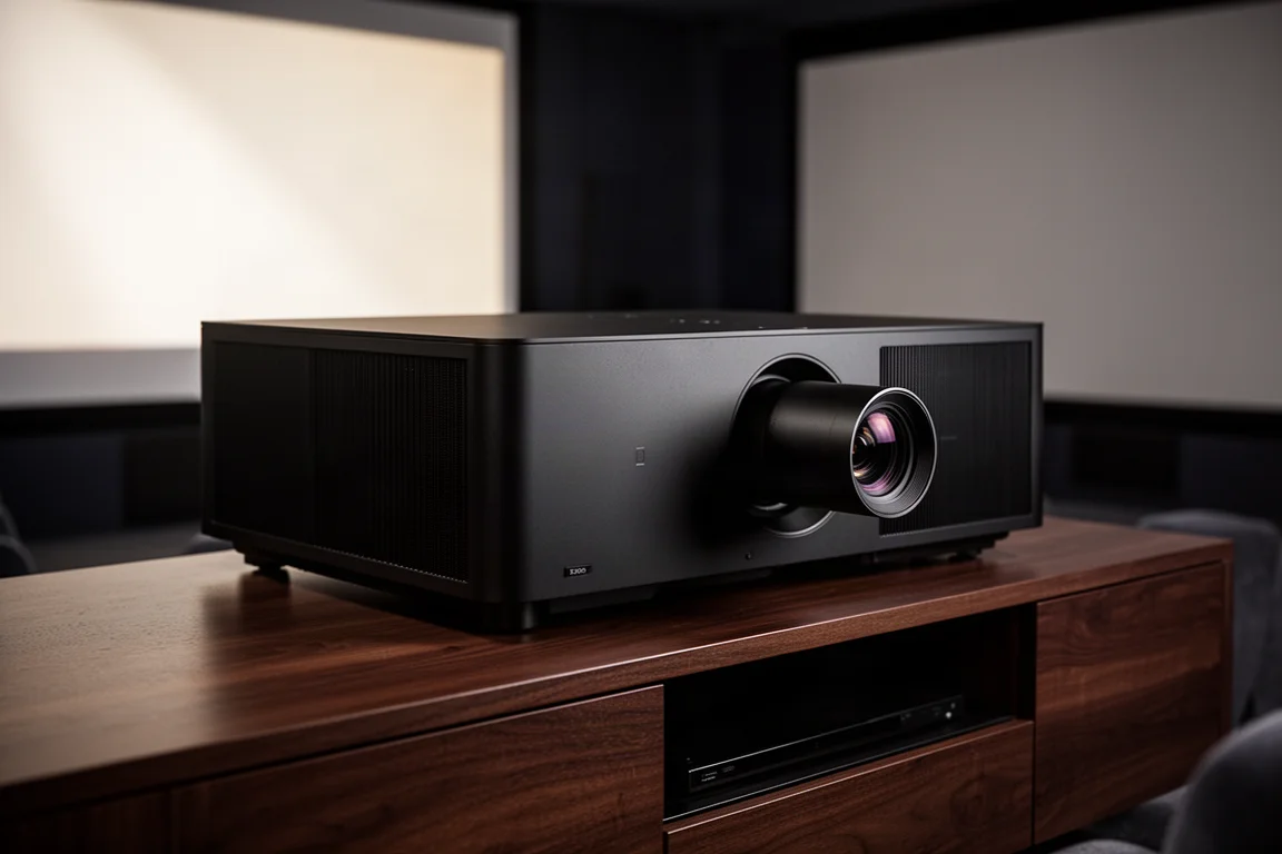 Large black home theater projector on a walnut console in a dim theater room