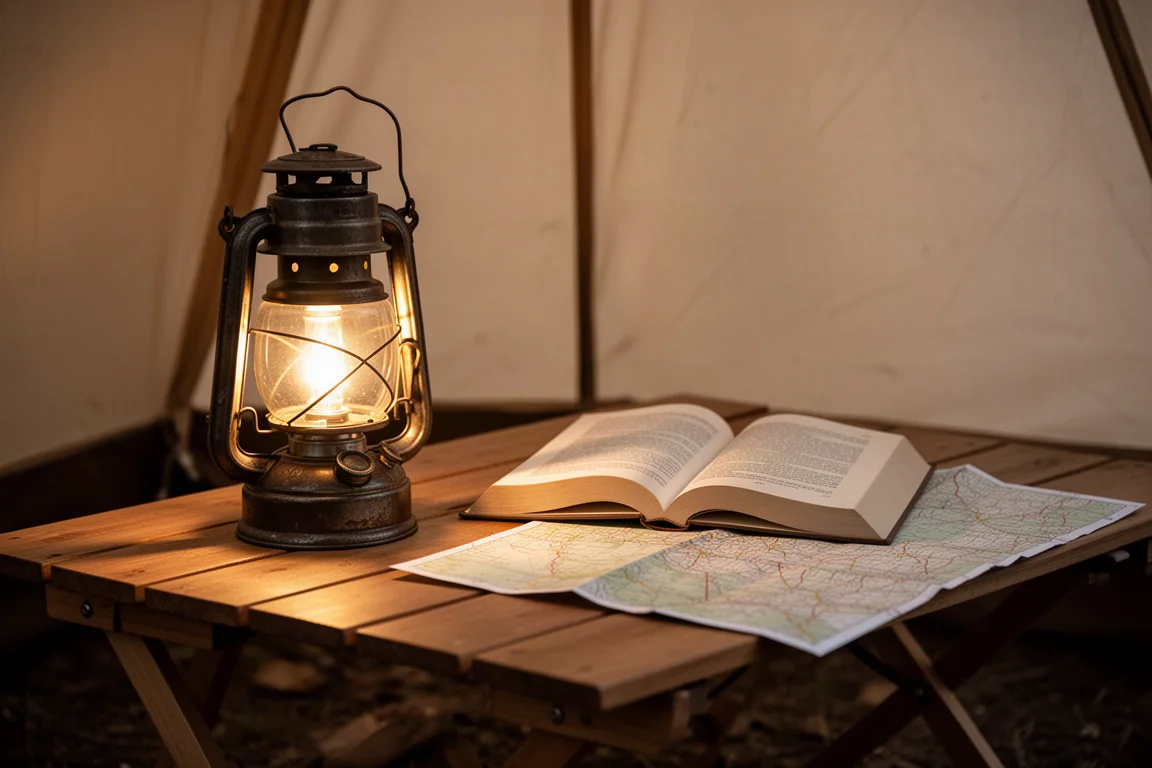 Linterna de camping sobre una mesa de madera iluminando un libro abierto dentro de una tienda