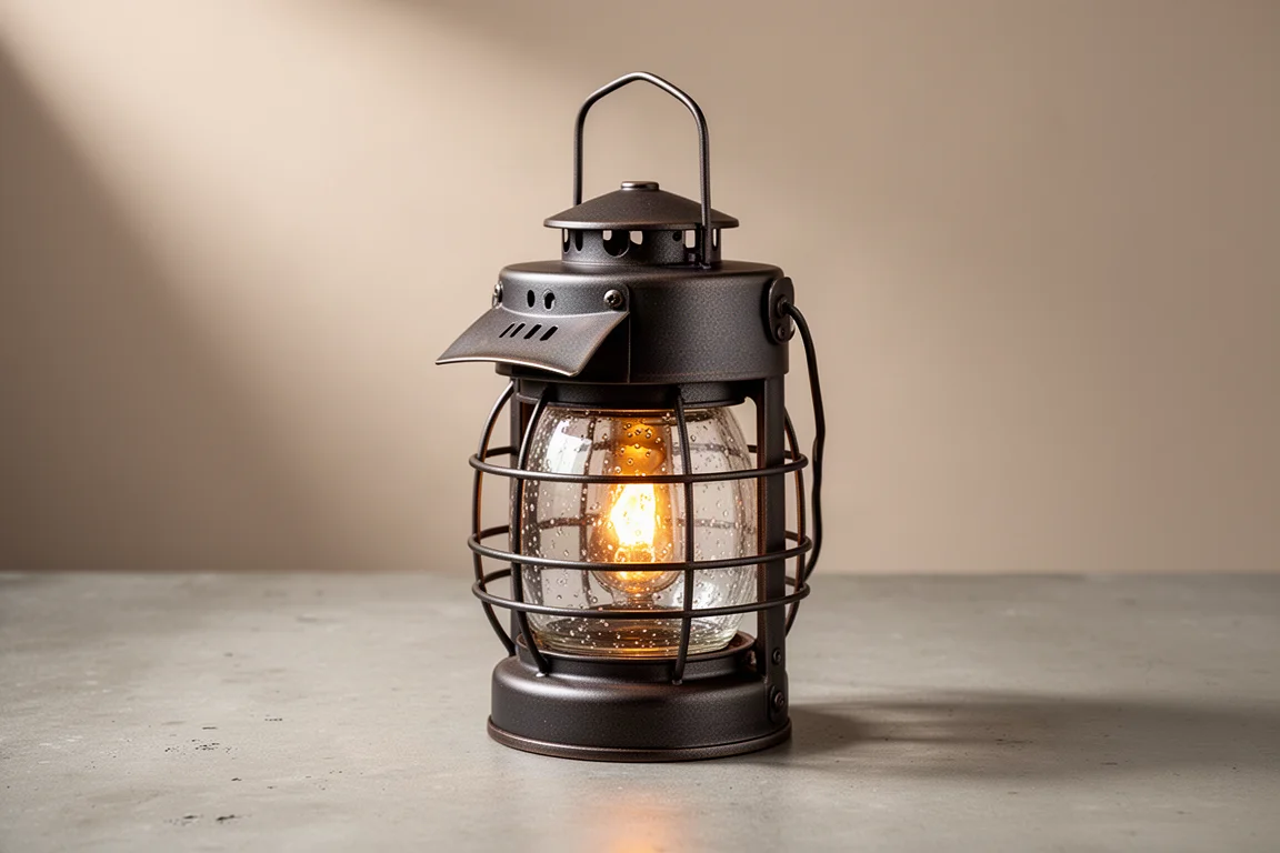 Vintage-style railroad lantern with steel body and seeded glass globe on concrete