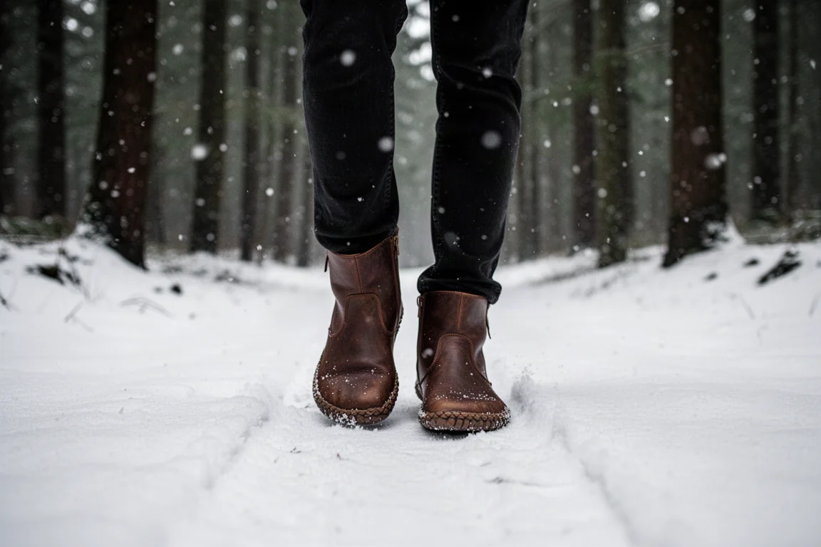 Skórzane buty barefoot idące po zaśnieżonej leśnej ścieżce
