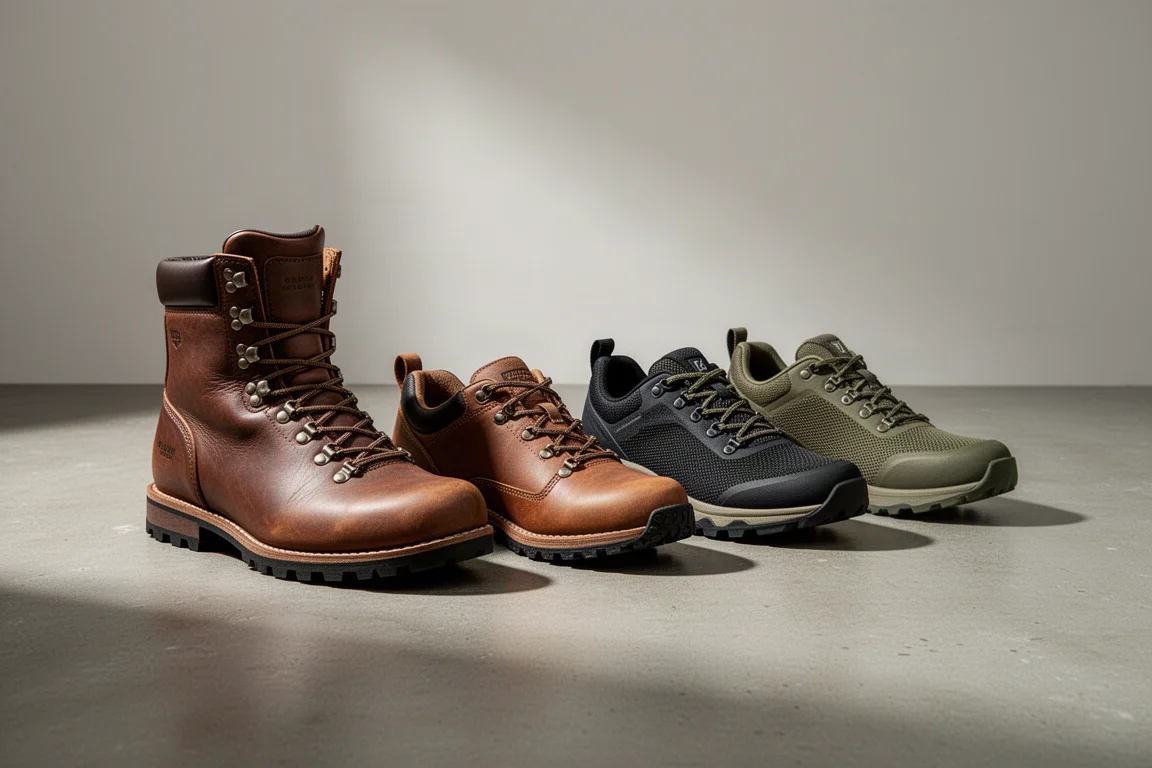 Fila di scarpe da escursionismo barefoot e minimal su una superficie in cemento in luce morbida da studio