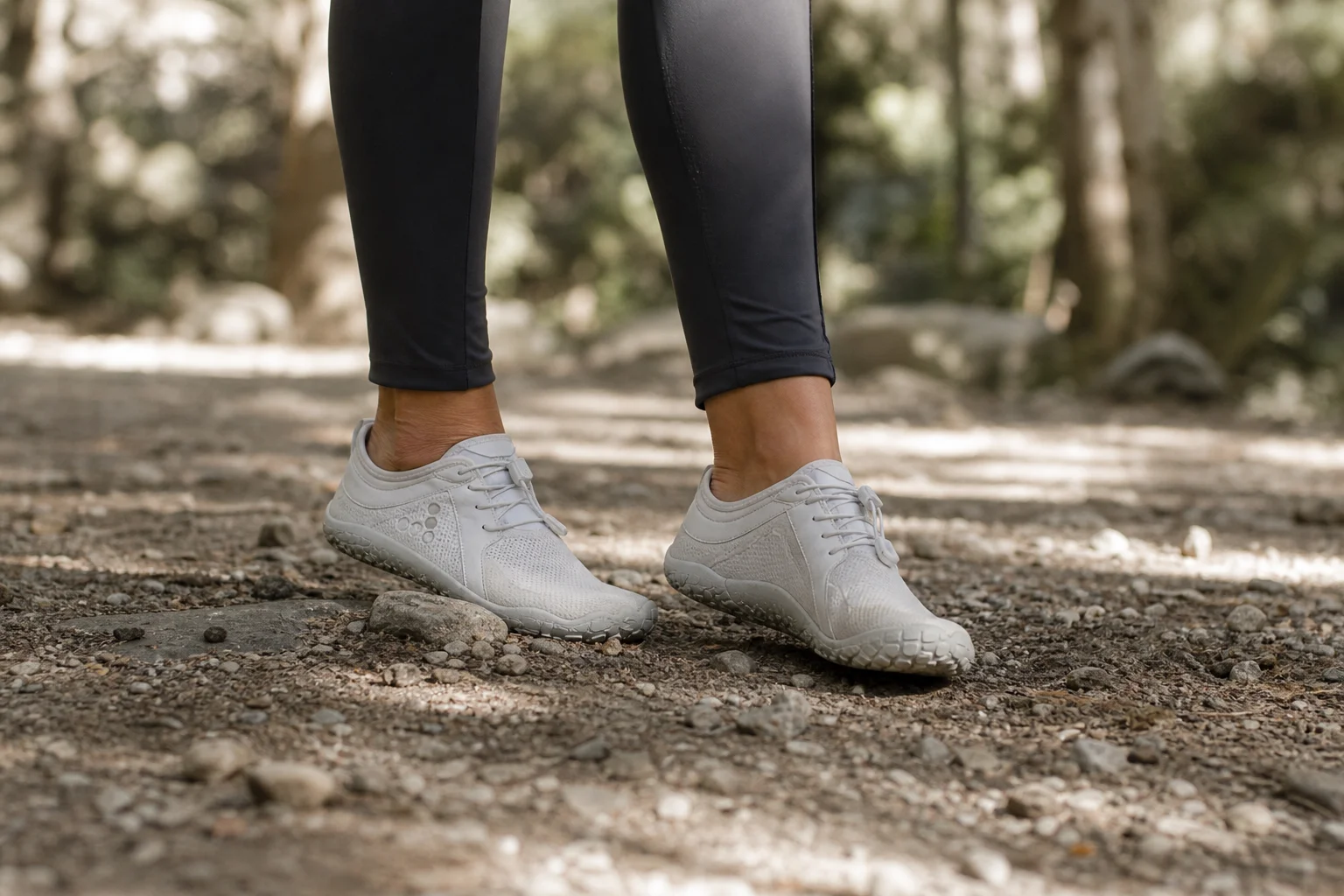 Personne portant des chaussures barefoot sur un sentier naturel en extérieur