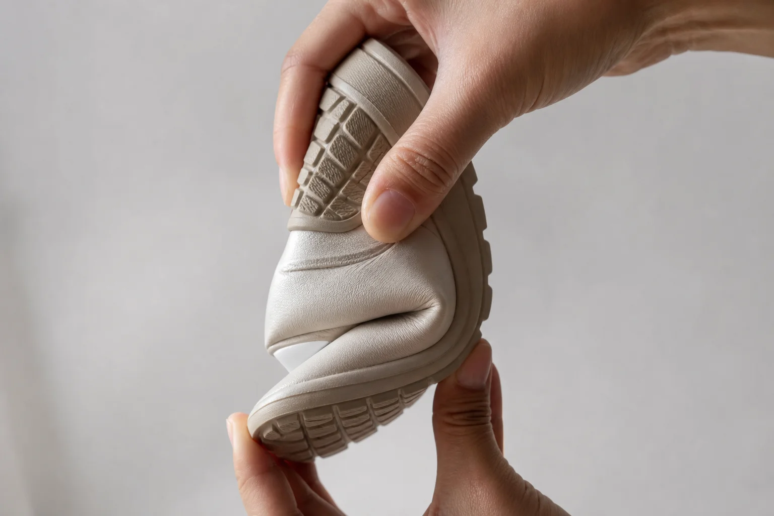 Schuhsohle, die von Hand gebogen wird, um Flexibilität und Biegsamkeit zu zeigen