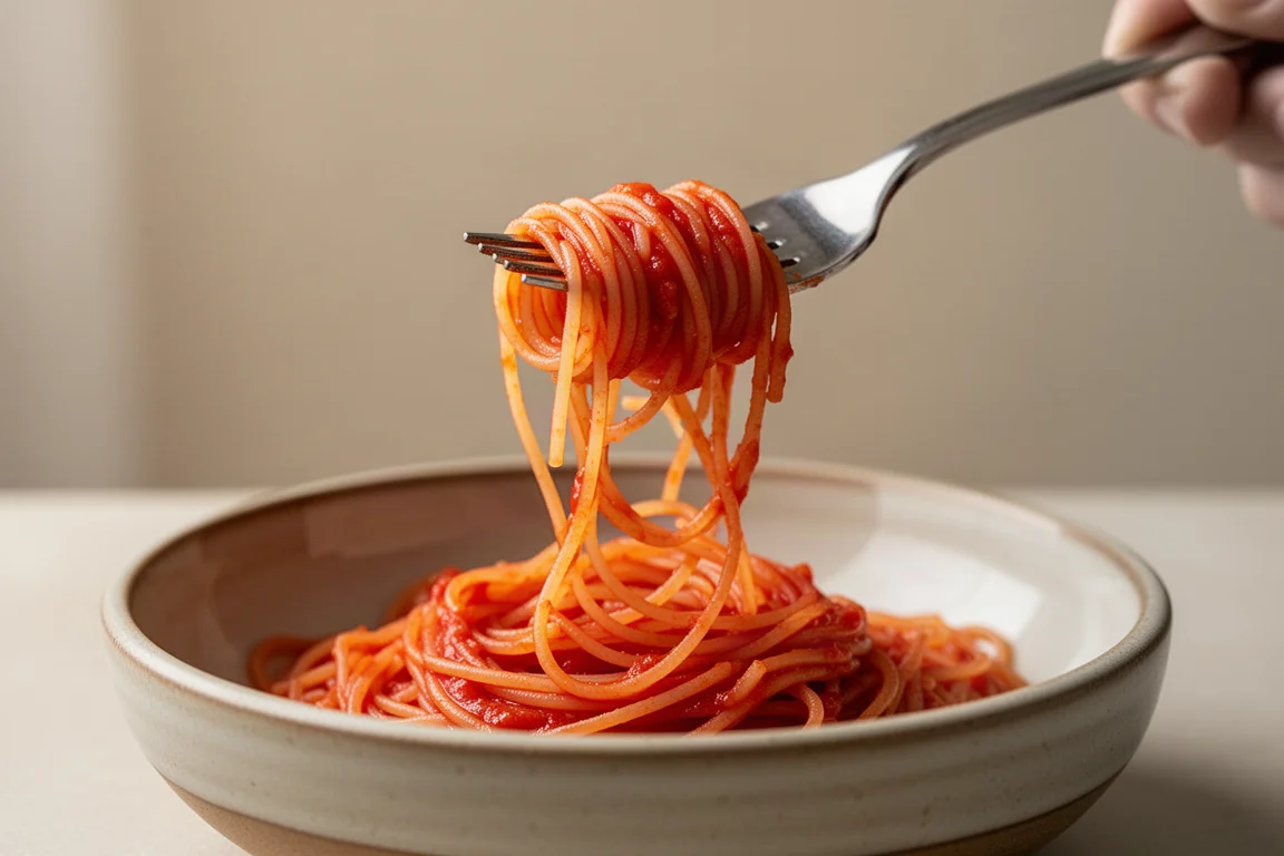 Espagueti capellini enrollado en un tenedor con salsa roja brillante