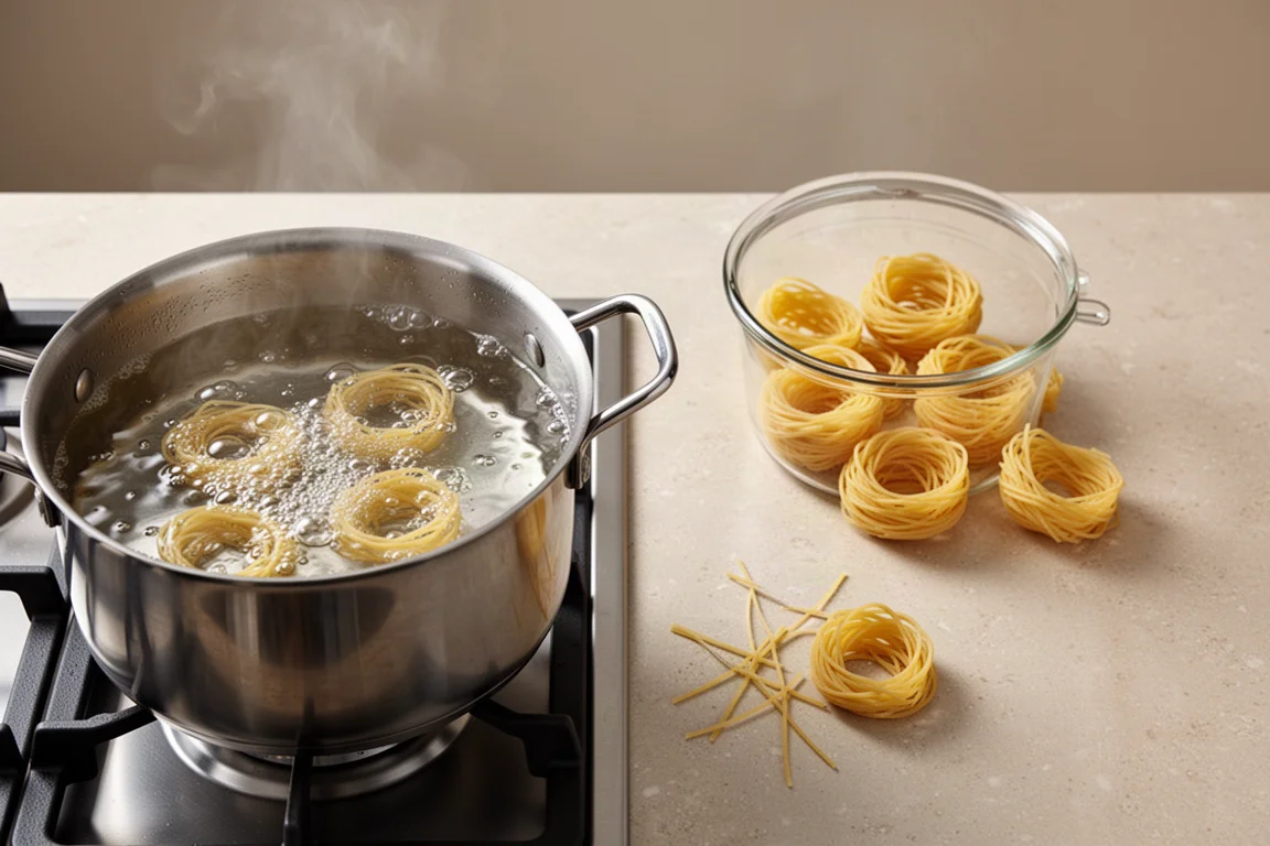 Nidos de pasta cruda deshaciéndose junto a una olla de agua hirviendo
