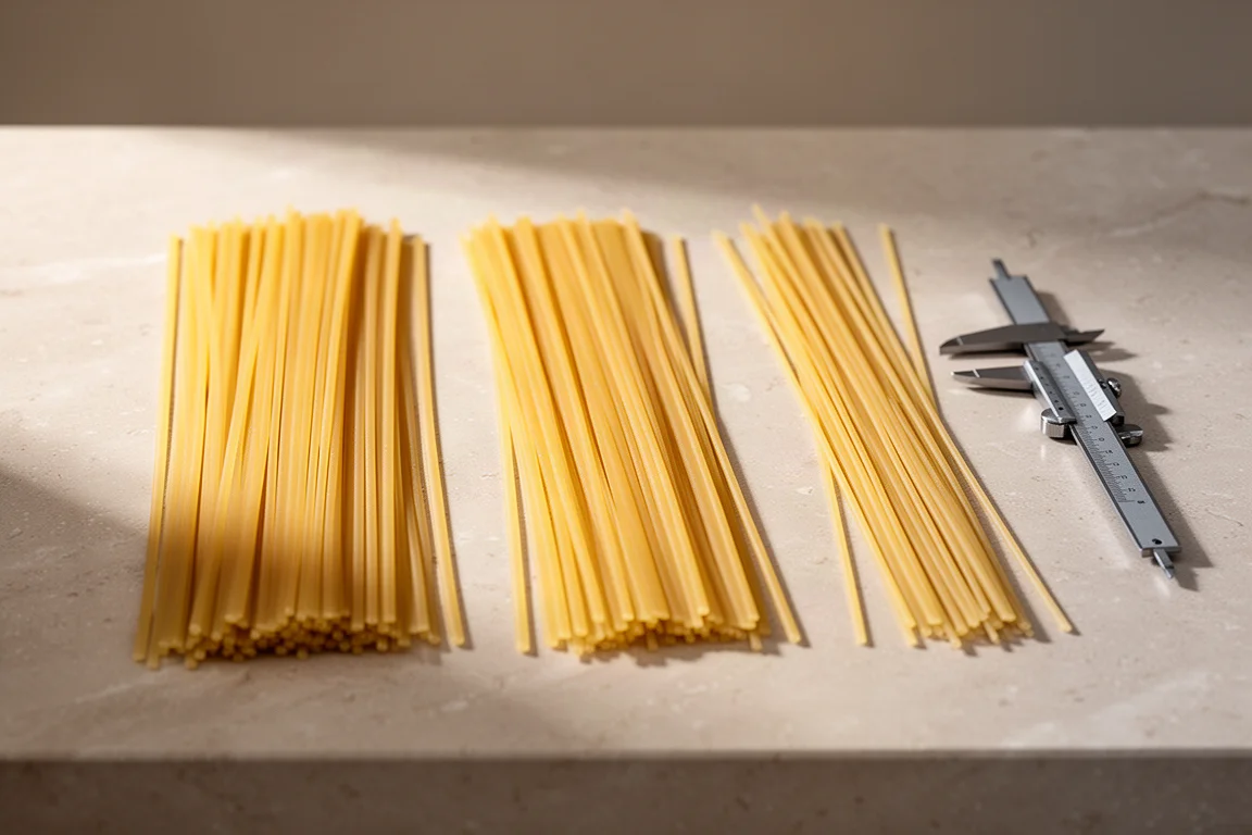 Tres manojos de pasta fina de distintos grosores comparados sobre una encimera