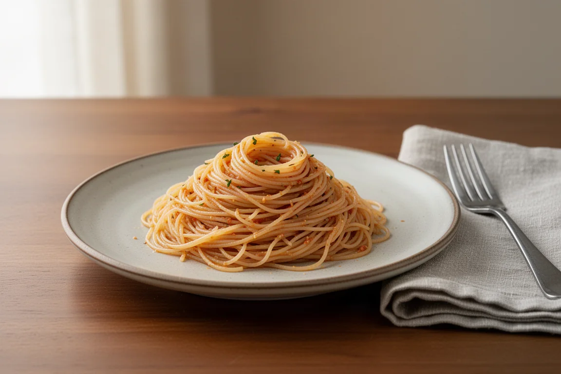 Plato de capellini cocido mezclado con salsa sobre una mesa de comedor