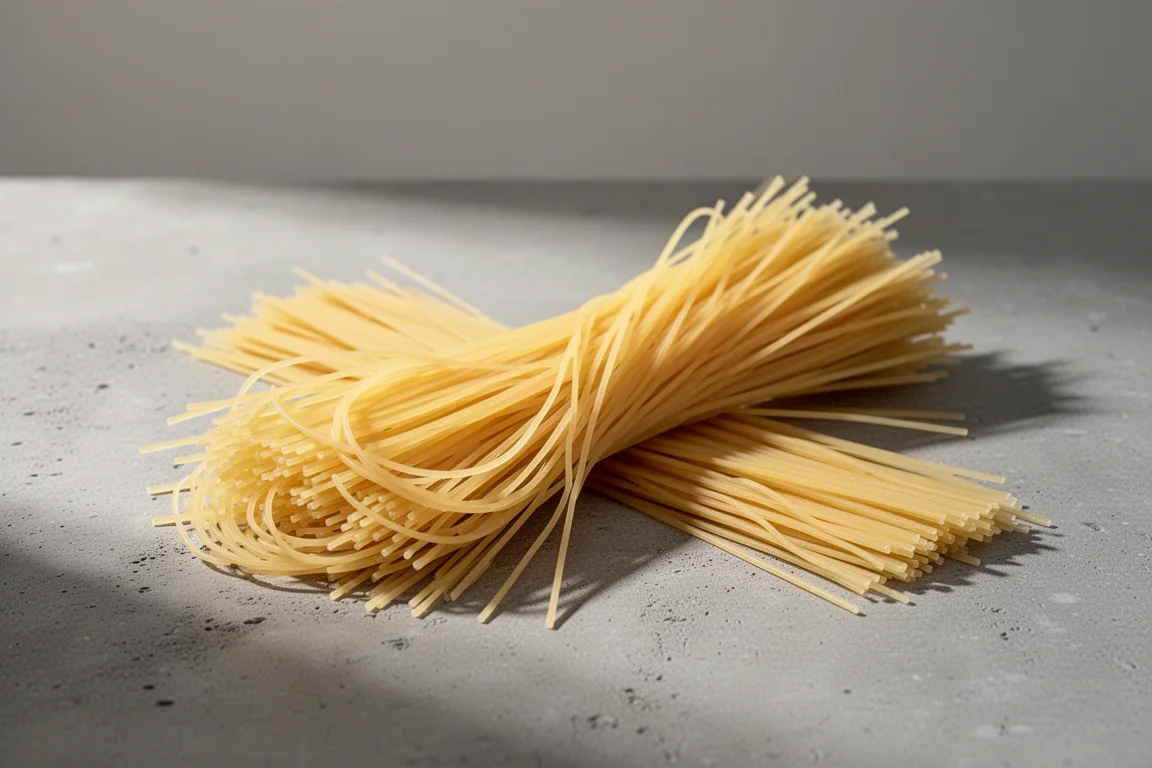 Bundle of thin angel hair pasta on a concrete surface