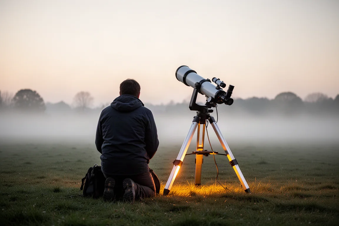 Amateurastronom richtet bei frühmorgendlichem Licht ein Teleskop ein