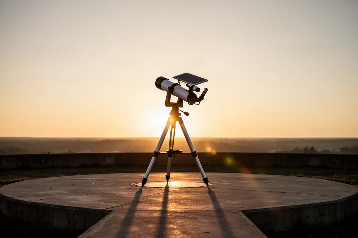 Tief stehende Sonne am Horizont, daneben als Silhouette ein Sonnenteleskop