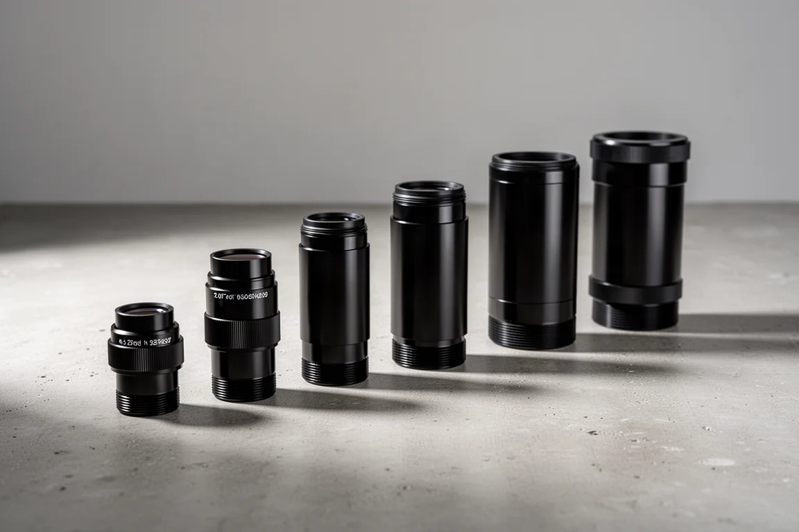Row of black telescope Barlow and telecentric lenses on a concrete surface