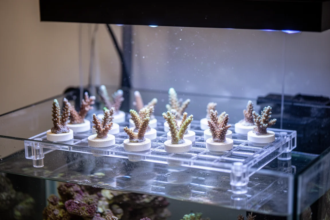 Macro view of a clear acrylic frag rack holding small coral frags inside a reef sump