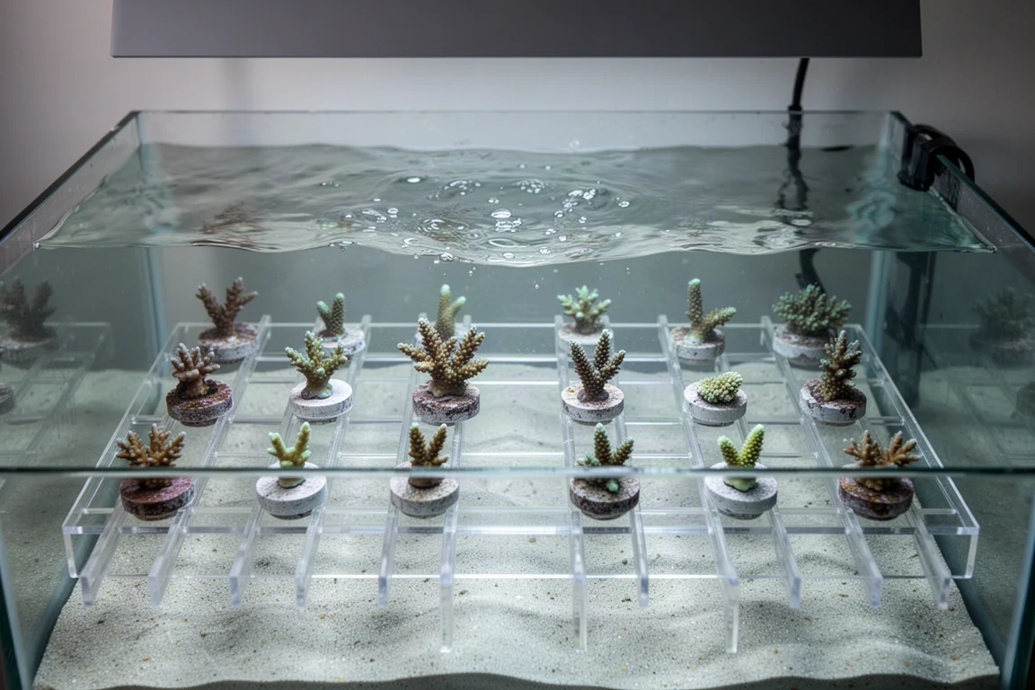 Overhead view of a coral grow-out tank with frags spread across acrylic racks