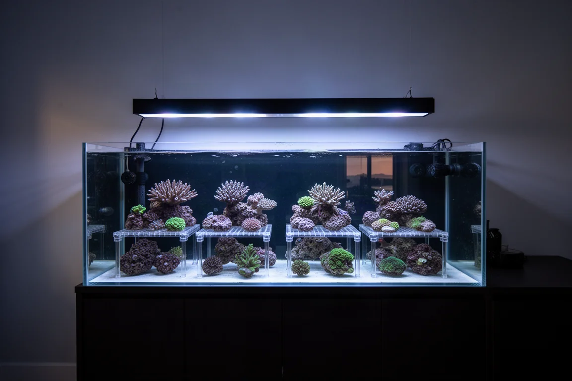 Aquarium room with a lit frag tank and coral colonies under blue lighting