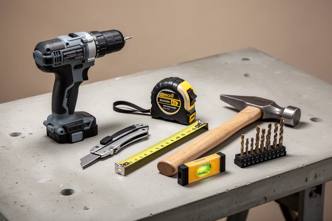 Assorted essential hand and power tools arranged on a concrete workbench