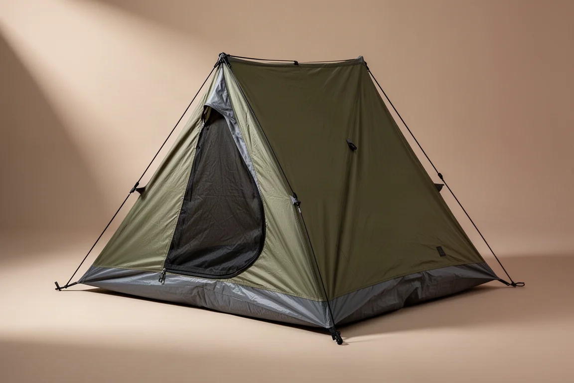 Small olive and grey one-person A-frame camping tent shown at a three-quarter angle