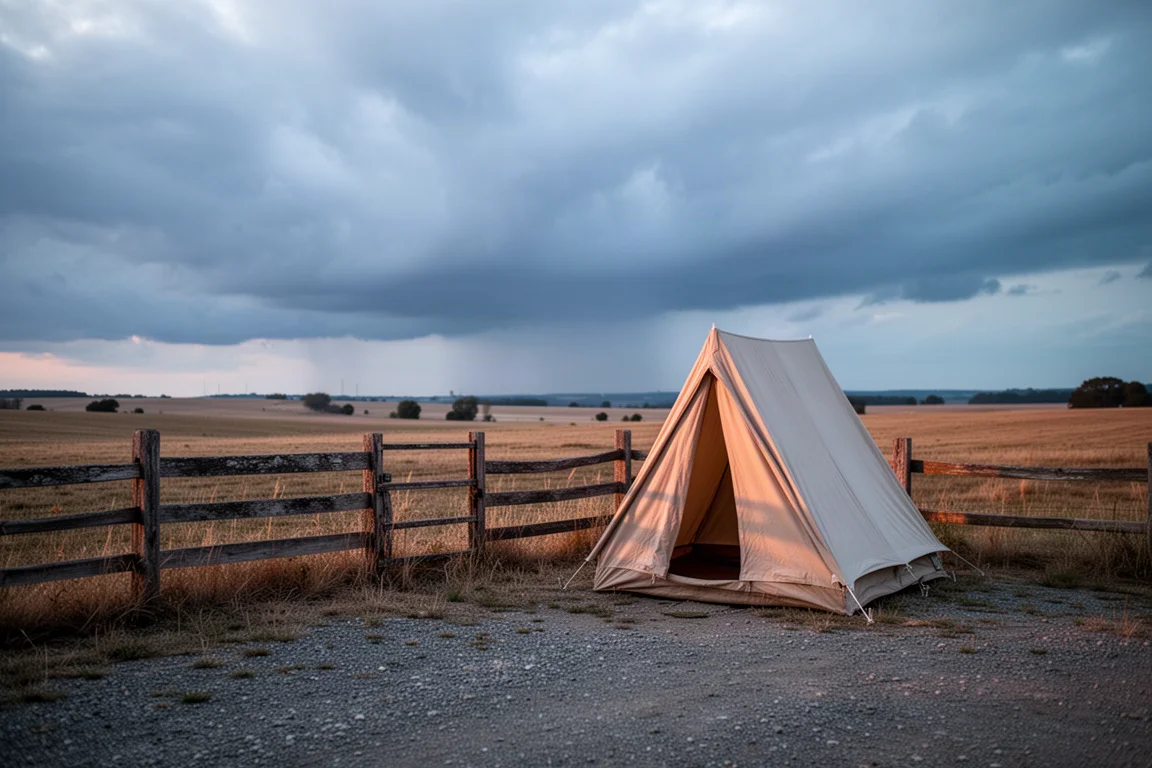Kleines A-Frame-Zelt neben einem Zaun auf offenem Ackerland, während bei Dämmerung Sturmwolken aufziehen