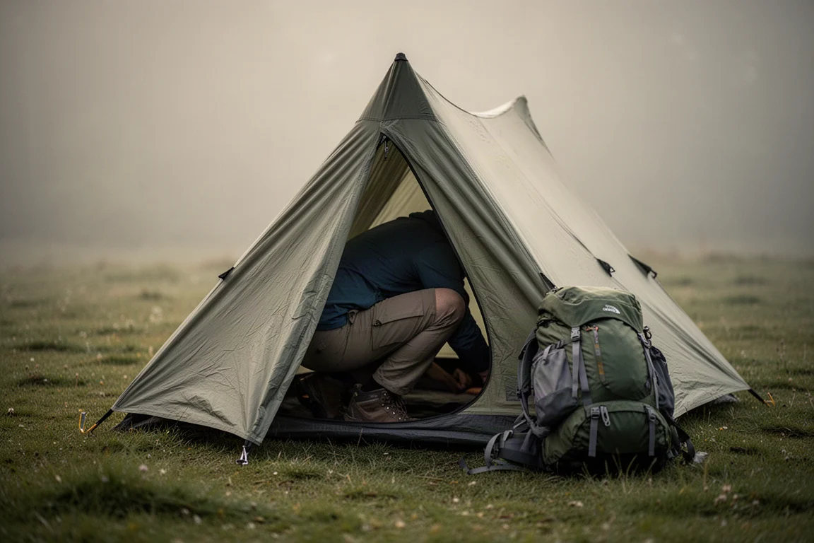 Wanderer kauert tief, um ein sehr kleines, kegelförmiges Ein-Personen-Zelt mit einer Tür auf einem Wiesencampingplatz zu betreten