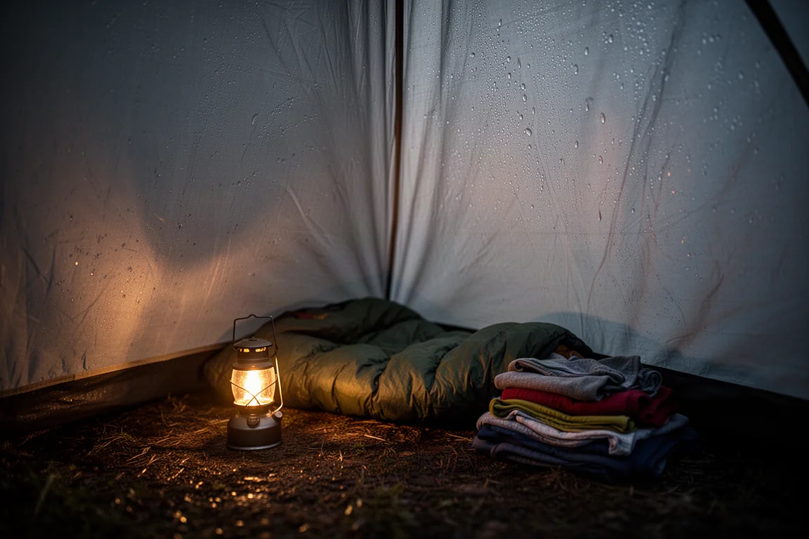 Innenraum eines kleinen, feuchten Einwandzelts mit Kondensation an gewölbten Wänden bei Nacht