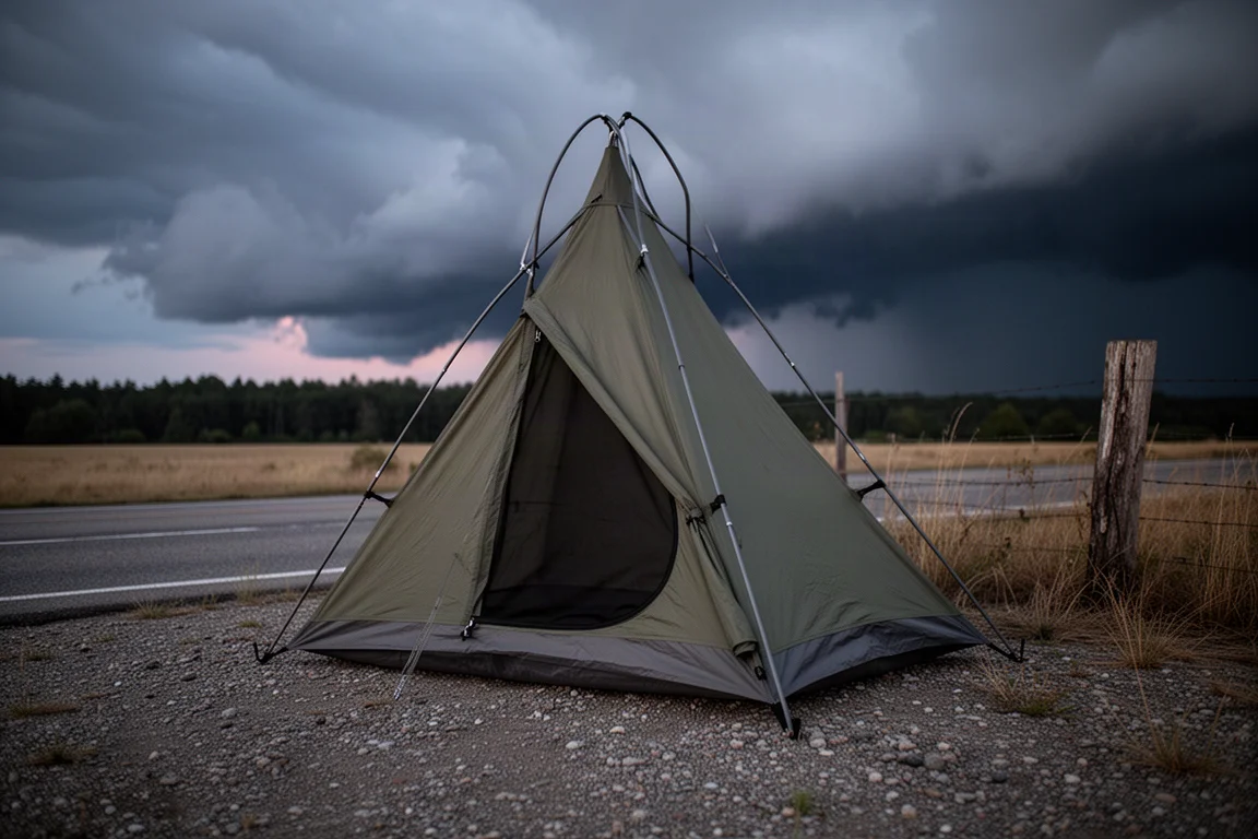 Small A-frame solo tent pitched on gravel beside a rural road under gathering storm clouds