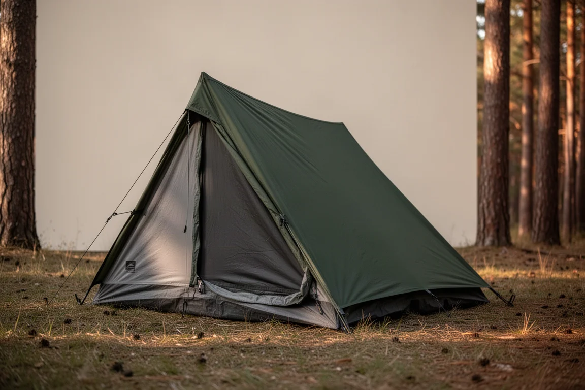 Small one-person A-frame tunnel tent with dark green flysheet pitched on grass at a forest edge