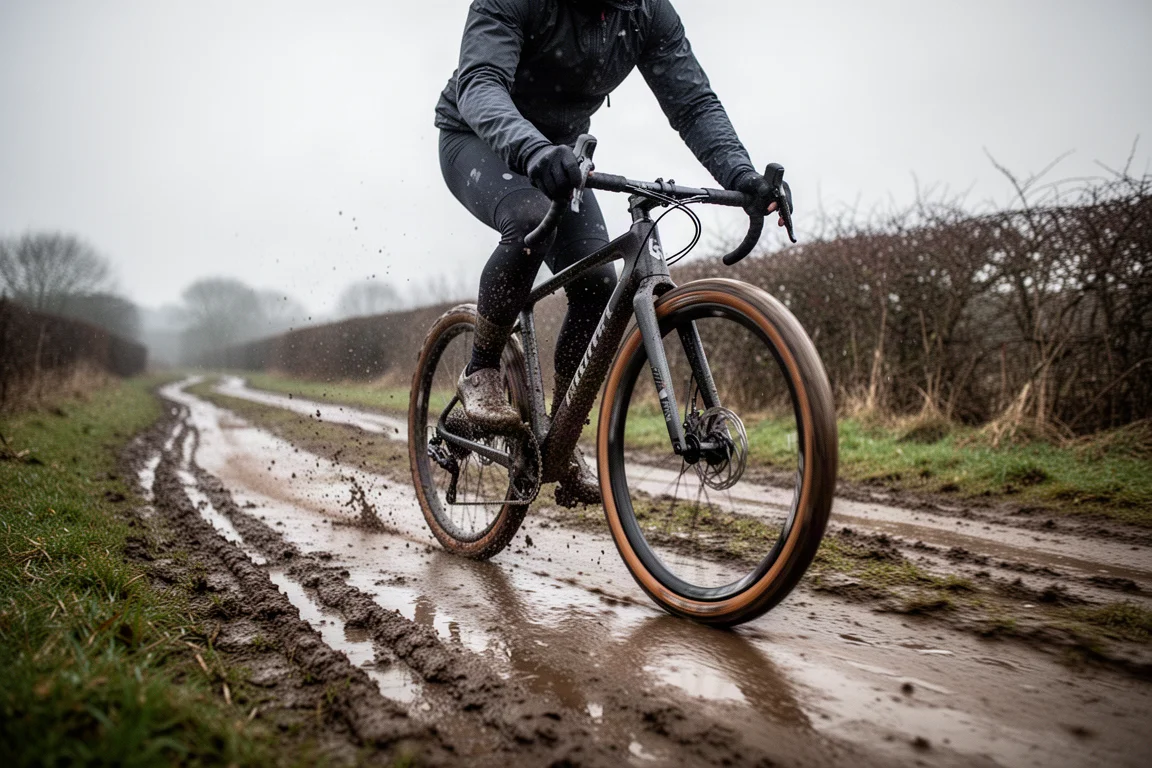 Vélo gravel vert appuyé contre une clôture en bois le long d'un chemin de gravier dans la lumière du matin