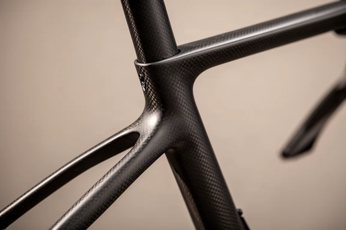 Close-up van een matte carbon frameverbinding met een verborgen zadelpenklem op de zitbuis