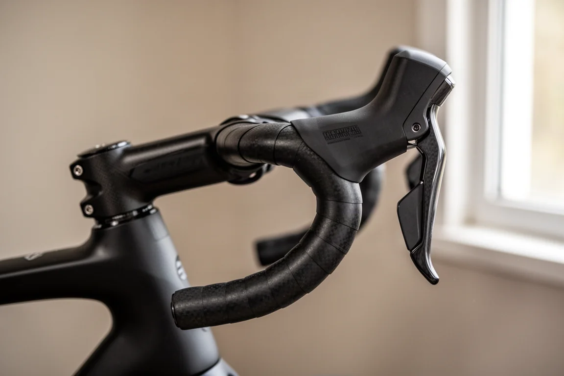Detail van bovenaf van een uit één stuk vervaardigd carbon racefietsstuur en stuurpen met stuurlint en intern weggewerkte kabels
