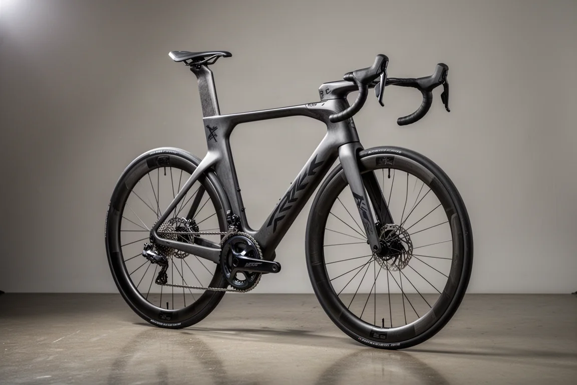 Full carbon road bicycle with integrated cockpit standing on a matte concrete surface