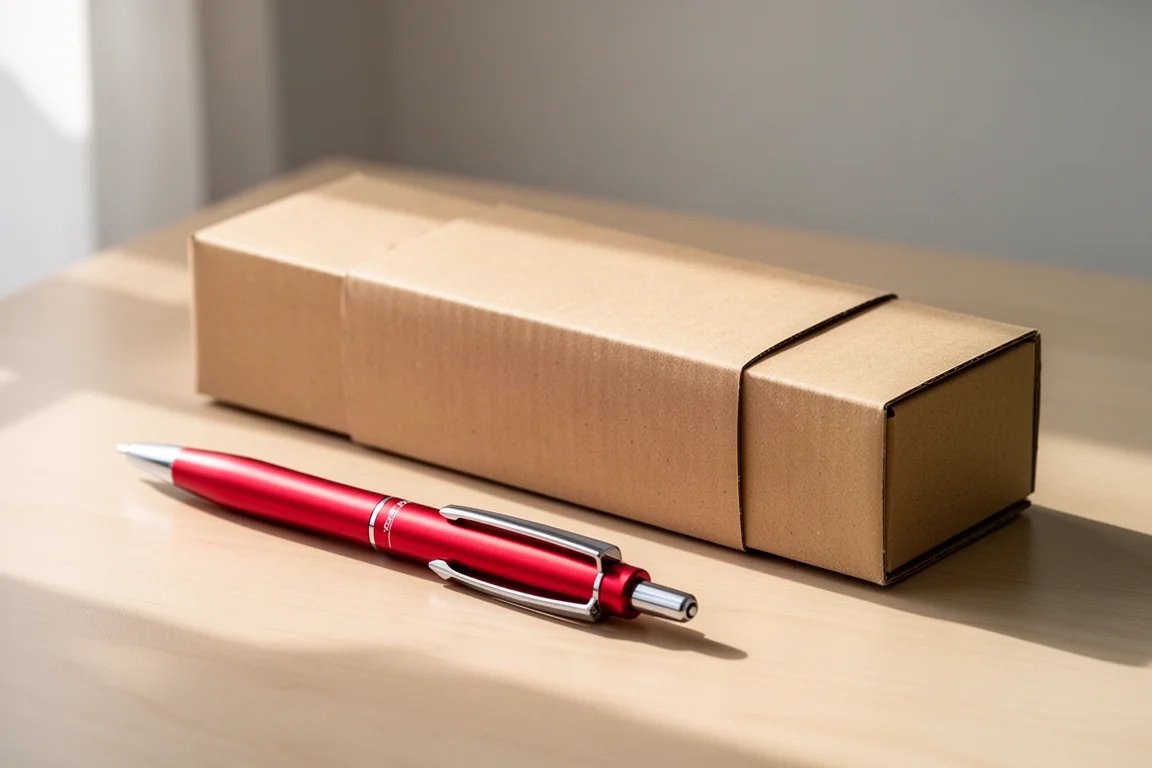 Penna a sfera in alluminio rosso appoggiata accanto alla sua semplice scatola regalo di cartone