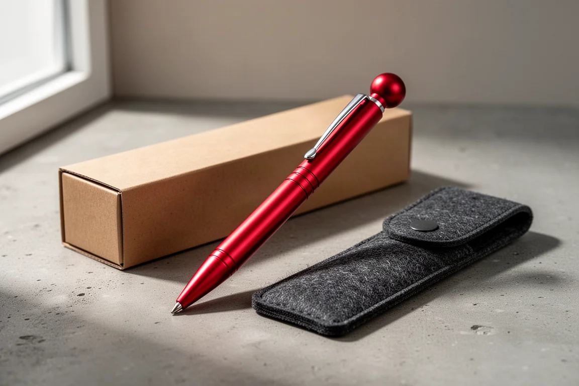 Red aluminum bolt action ballpoint pen with gift box and felt sleeve on concrete surface