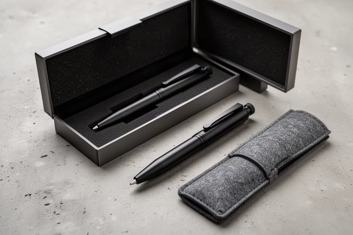 Pluma de titanio negra mate junto a su caja magnética de presentación sobre un escritorio