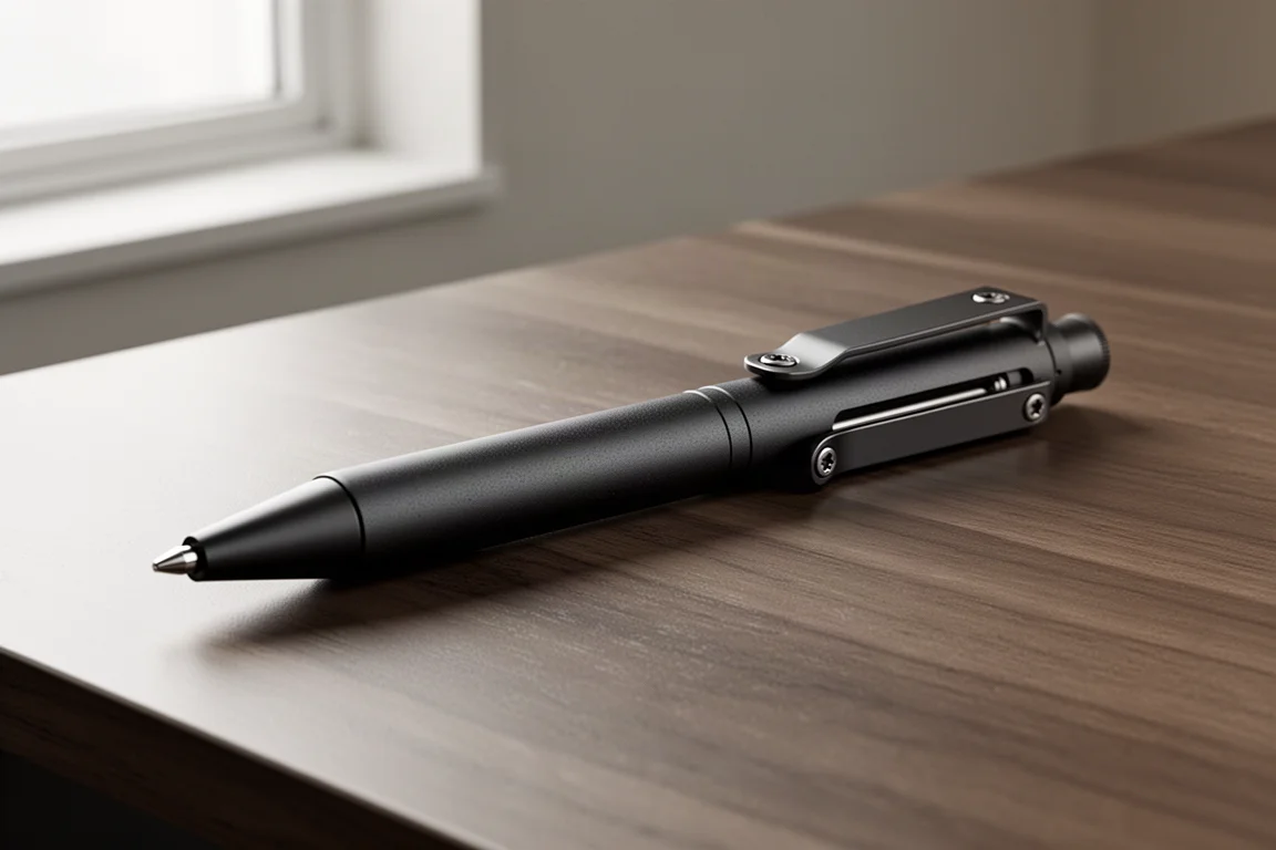 Penna bolt action in titanio nero opaco su una scrivania di legno spazzolato