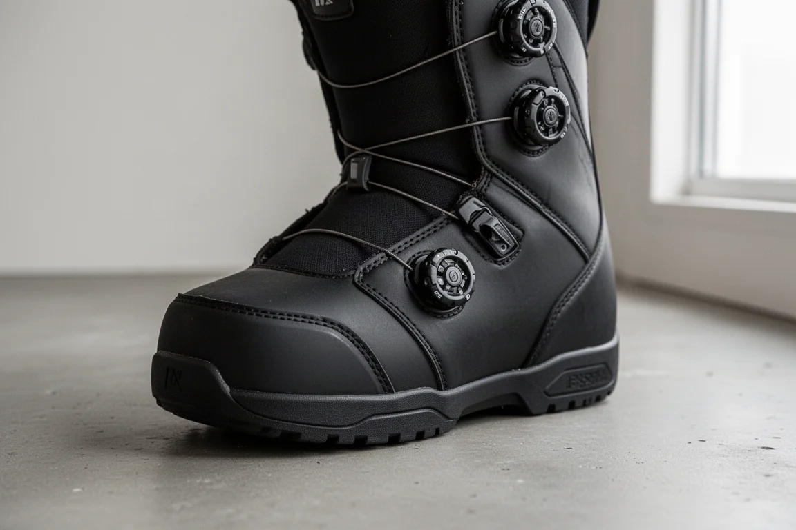 Close-up of the dual dial closure and TPU toe cap on a black snowboard boot