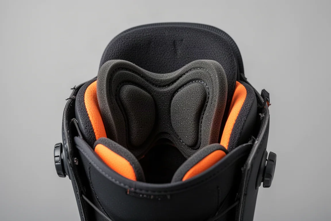 Interior view of a snowboard boot liner showing J bars and ankle padding