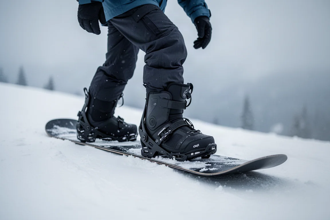 Snowboarder flexing a boot forward on a snowy slope in soft light