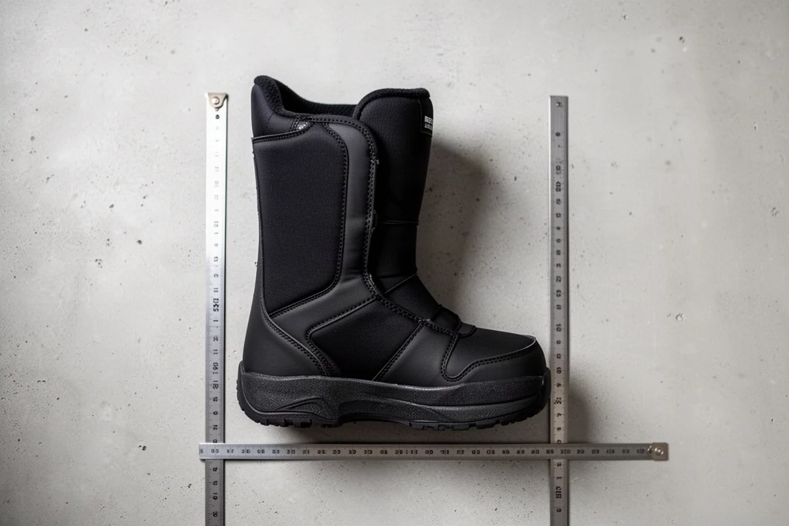Snowboard boot liner measured against a ruler on a flat surface