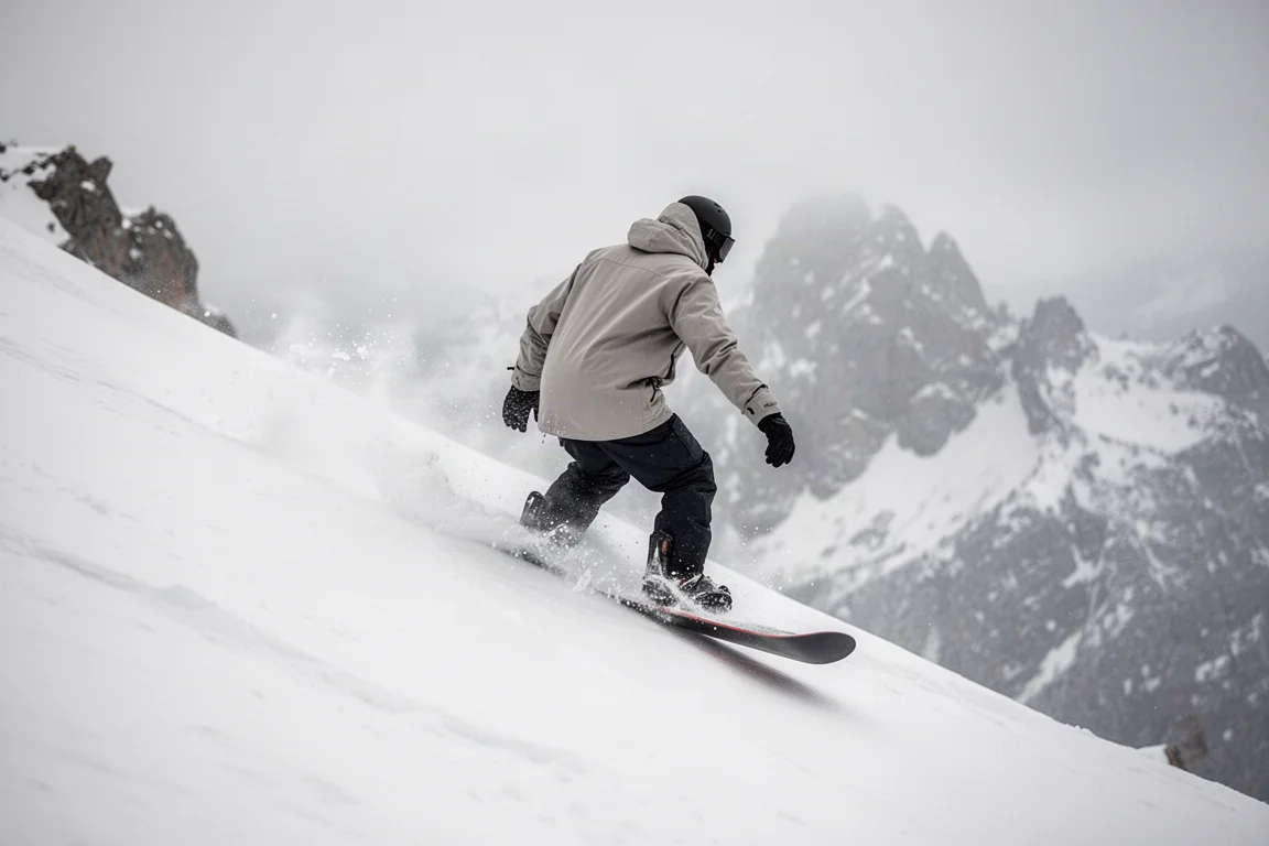 Uno snowboarder che intaglia una cresta alpina ripida con la polvere che schizza dalla coda