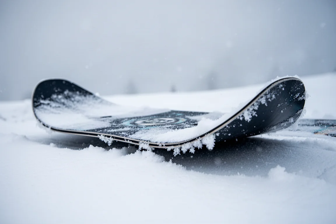 Dettaglio ravvicinato della base di uno snowboard nella neve fresca con camber profondo e punti di contorno sollevati