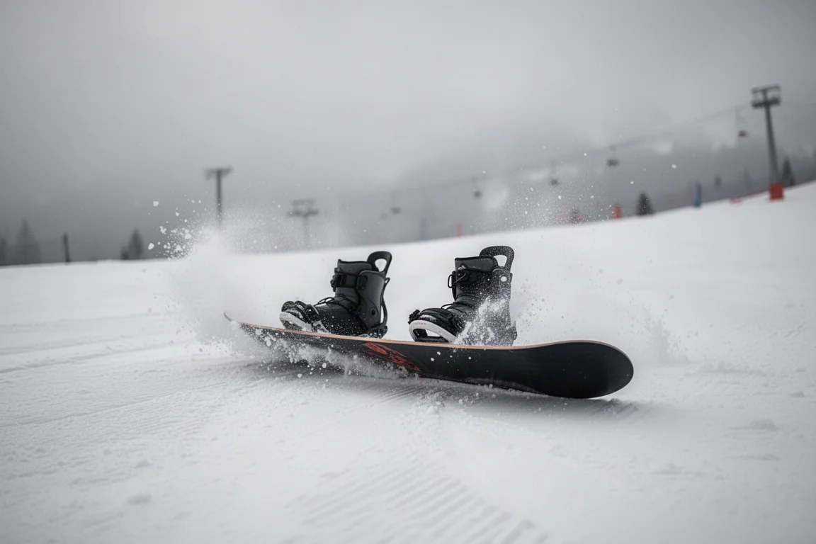 Snowboard premuto su un butter su una pista battuta con un piccolo ventaglio di neve schizzata