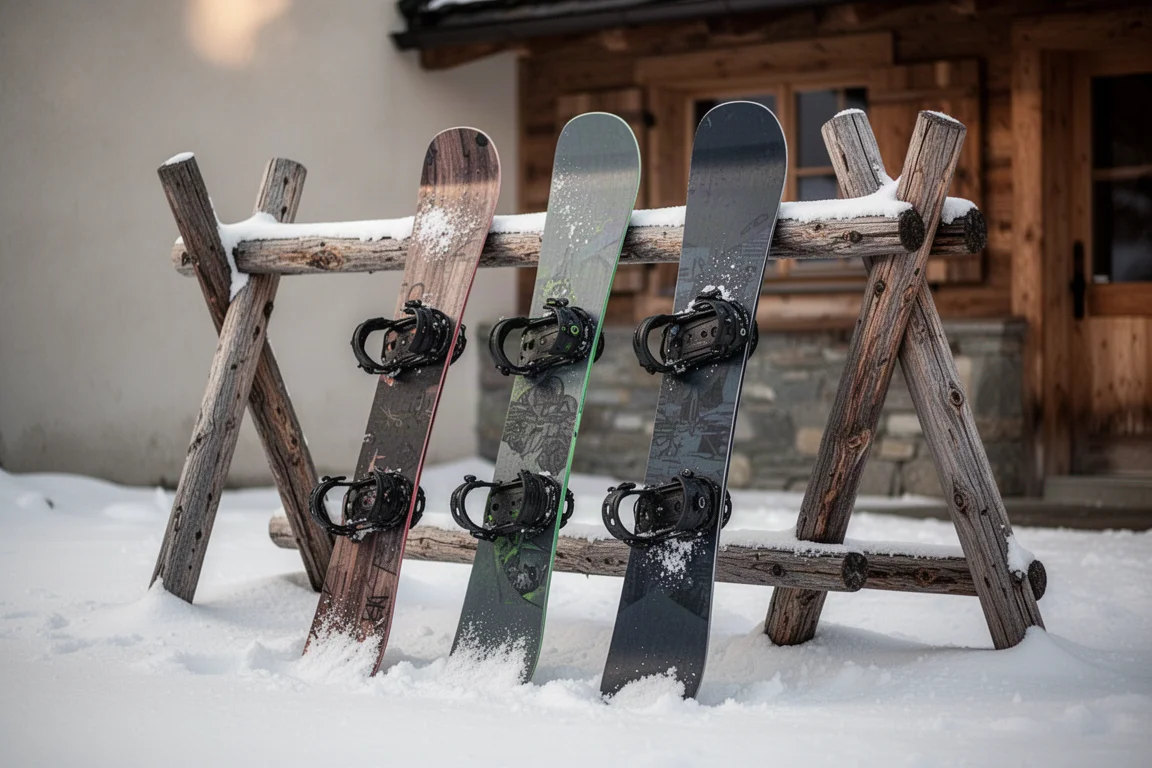 Tre snowboard appoggiati su una rastrelliera in legno consunto fuori da un rifugio alpino