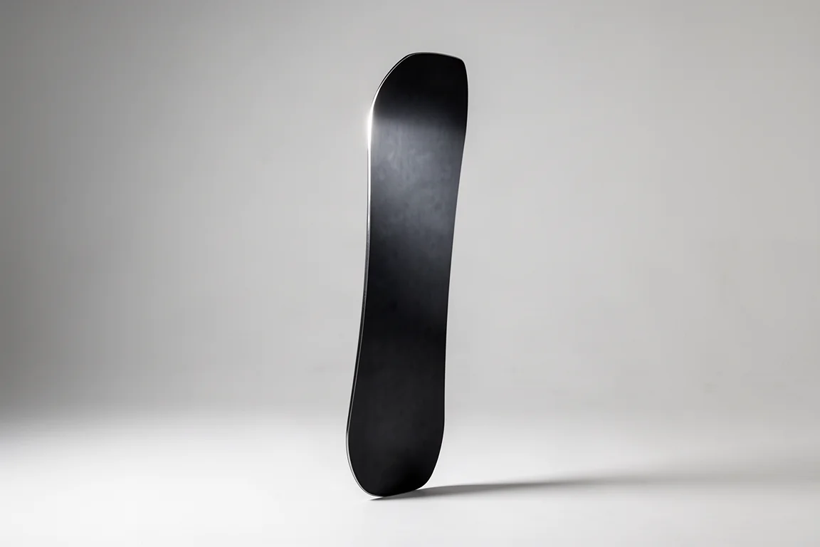 Dark matte freeride snowboard with deep camber arc standing on a light grey backdrop