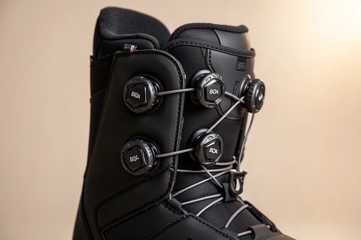 Zwei seitlich montierte BOA-Verstellungsräder mit Kabeln am Schaft eines Snowboardboots