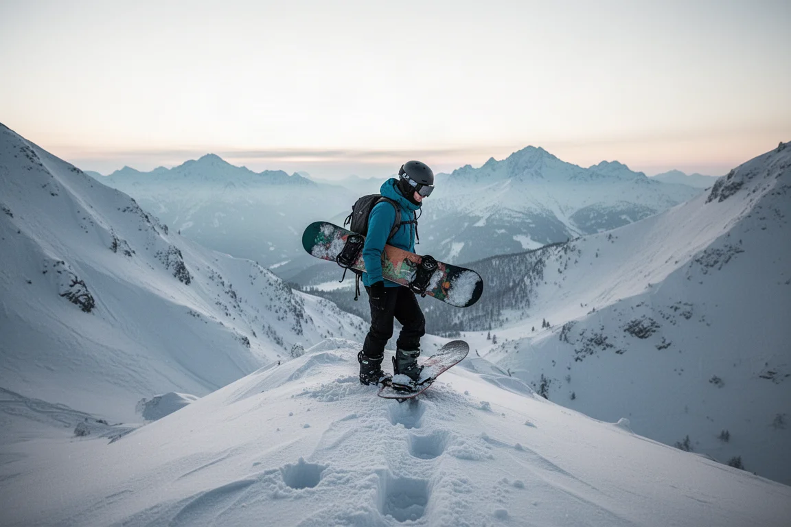 Snowboarder, der bei weichem Morgenlicht einen steilen verschneiten Bergrat hinaufsteigt