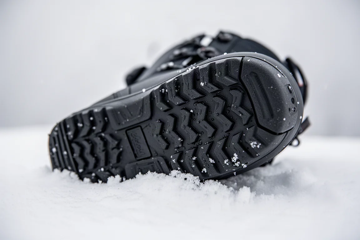 Snowboard boot sole with deep tread pattern resting on snow